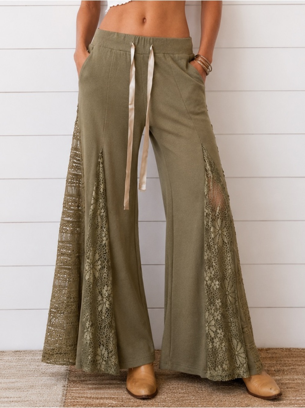 “The Dixie”Bestseller: Boho Wide-Leg Lace-Inset Pants - Olive